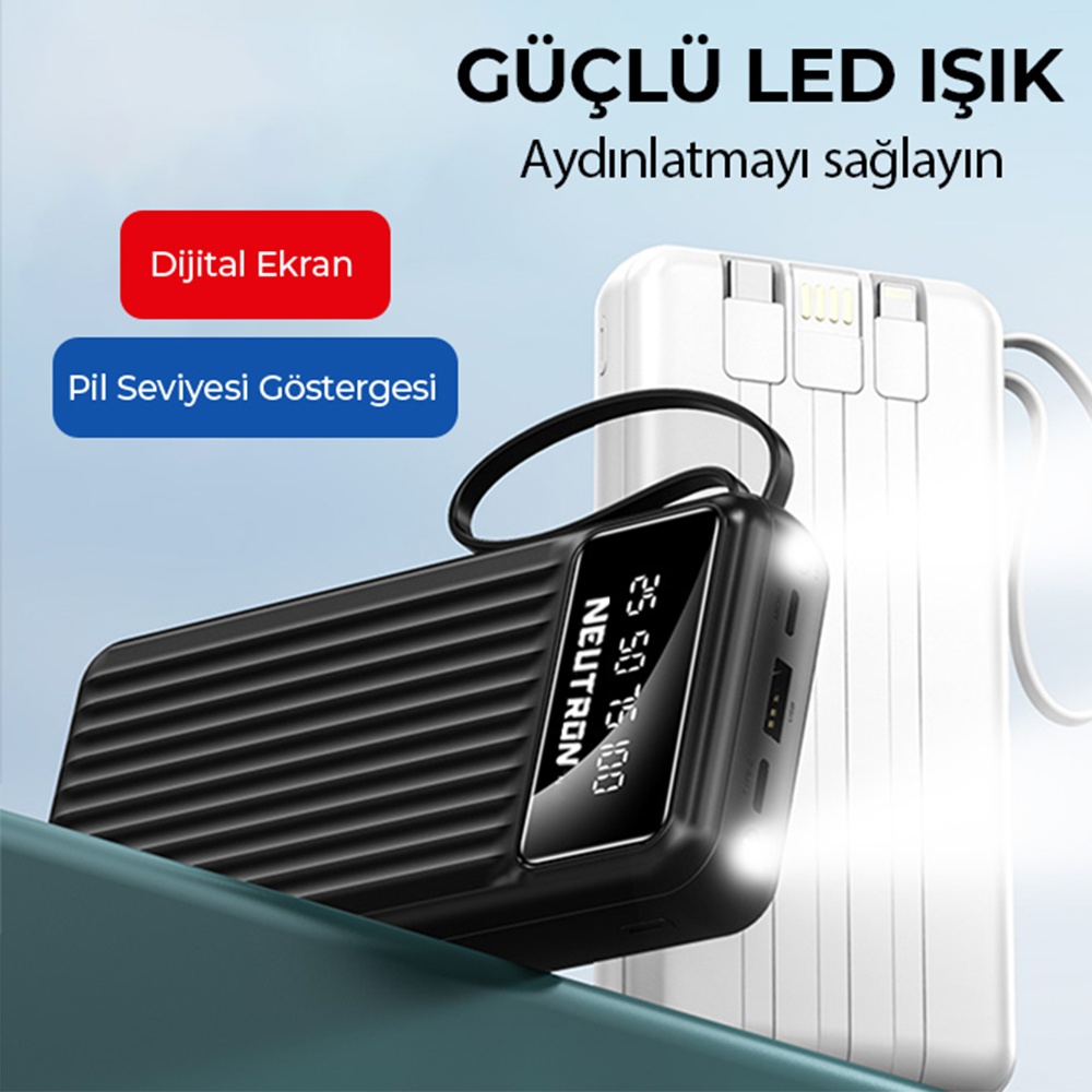 Powerbank 20000 mAh 2.1A Hızlı Dahili Çoklu Kablolu Taşınabilir