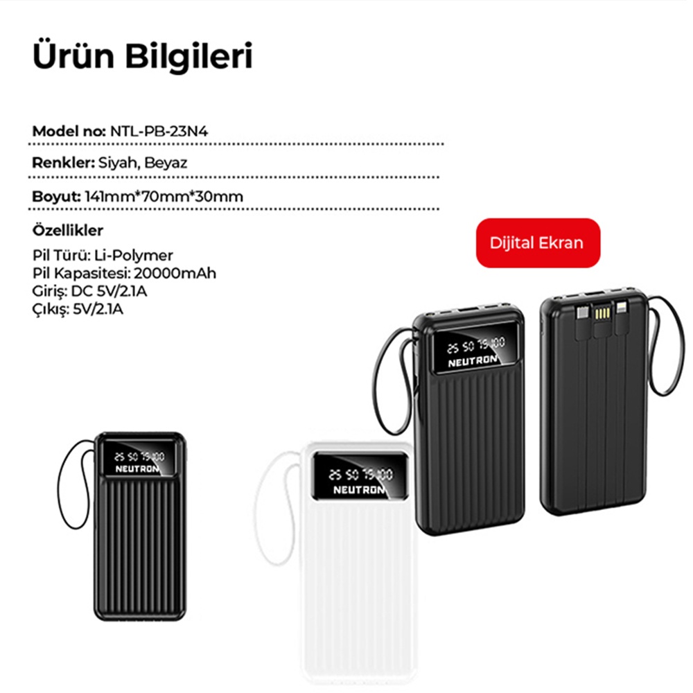 Powerbank 20000 mAh 2.1A Hızlı Dahili Çoklu Kablolu Taşınabilir